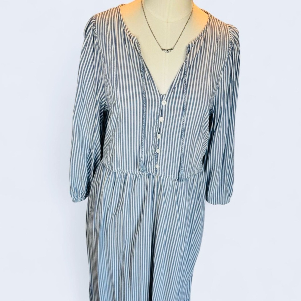 Old Navy Blue and White Striped Long Sleeve Midi Dress tassel neck detail size m - Picture 2 of 8